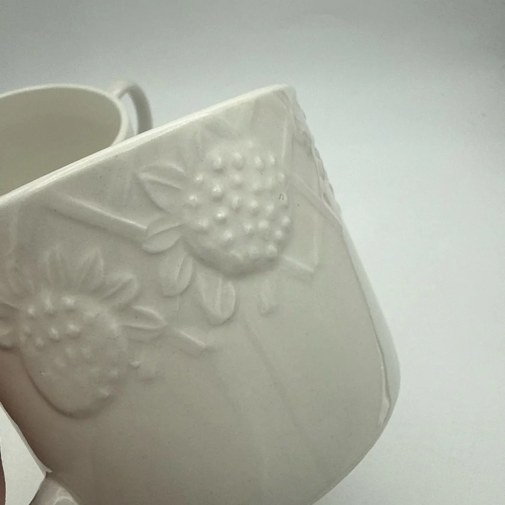 Pair Of Pier 1 Coffee Mugs White raised Fruit grape pears strawberries design